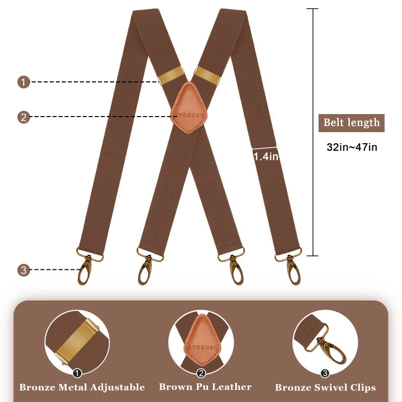 AYOSUSH Vintage Suspenders for Men Heavy Duty 4 Snap Hooks for Belt Loops Adjustable X Back (Coffee 2, One Size) - Image 2